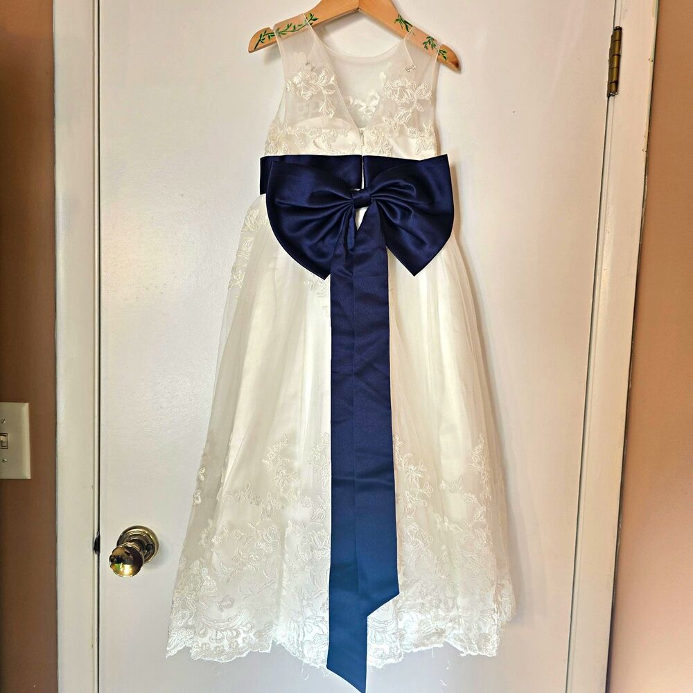 Girls White flower girl Lace Tulle Dress Navy Blue Sash Bow Size 5 Formal party